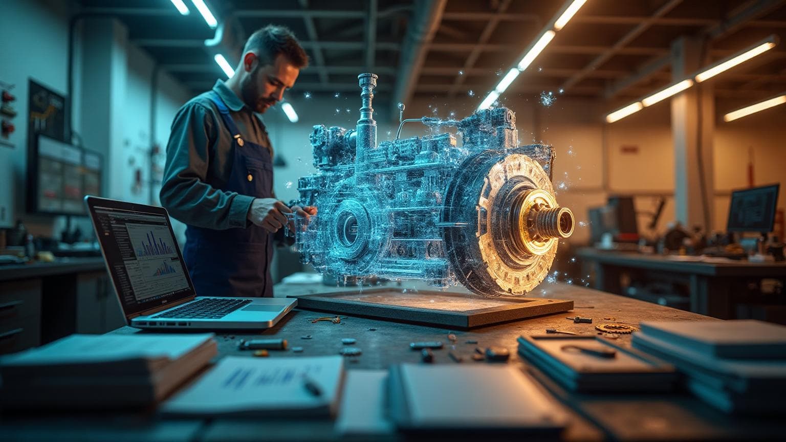 Fusion of mechanic workshop and modern business office, symbolizing tuning and fixing businesses